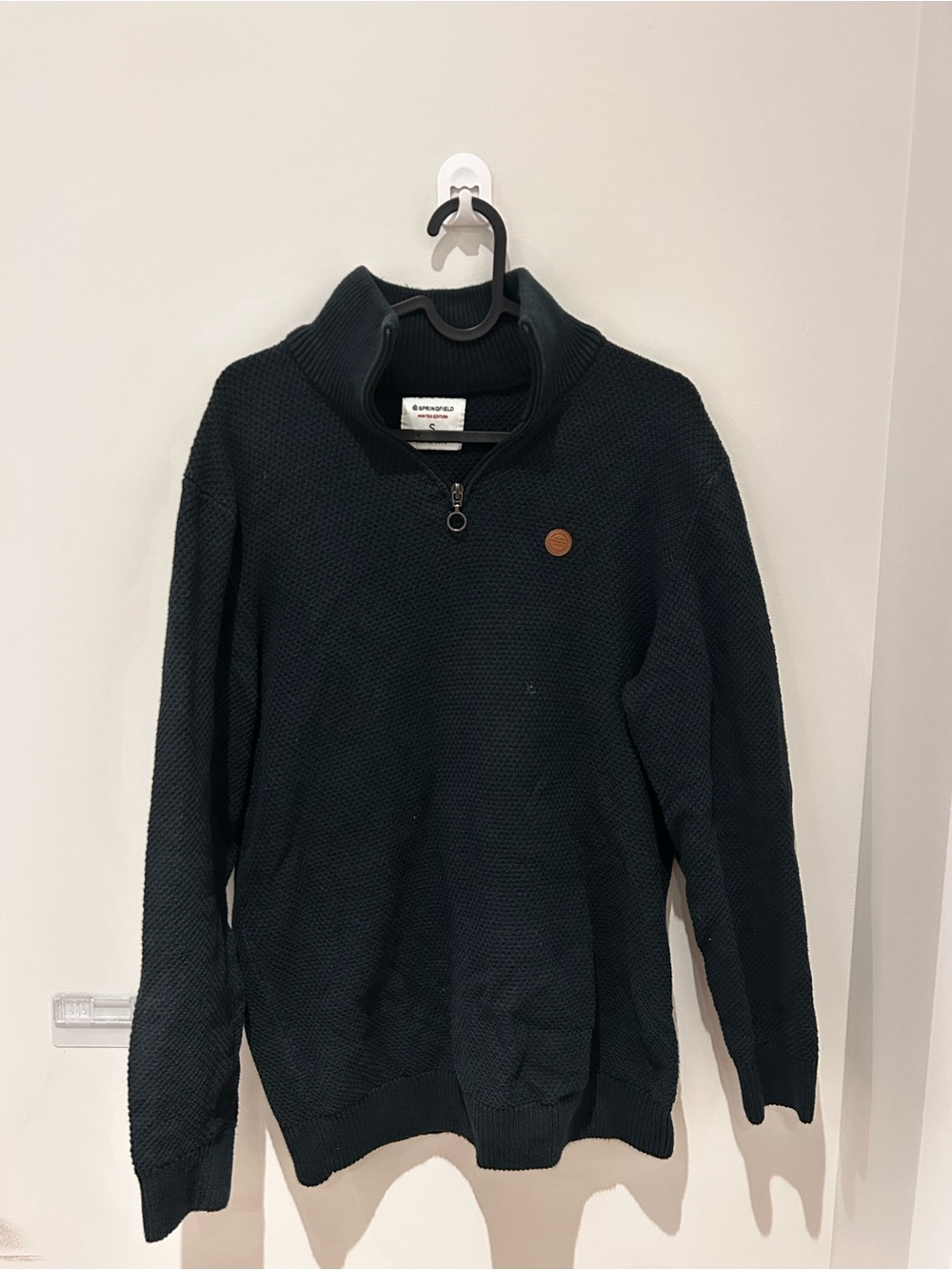 Gant Men's Dark Navy Half-Zip Textured Sweater with Leather Patch